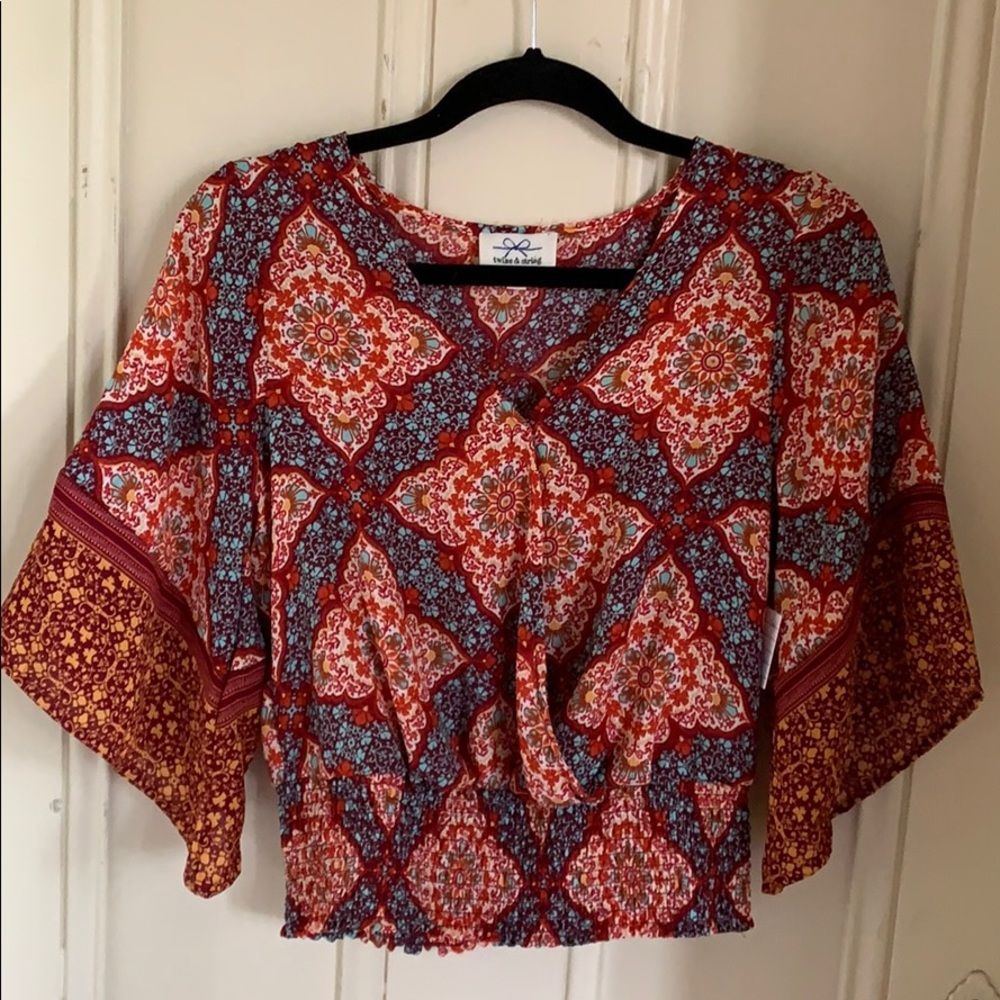 Boho Crop Top Red Print 3/4 Sleeve TWINE & STRING